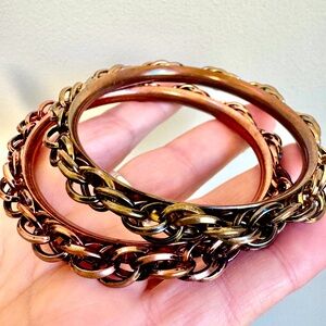 Set of rope/chain bangle bracelets, bronze & copper color, 3” opening